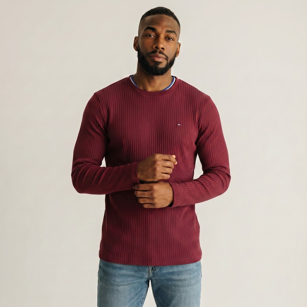 NWT Tommy Hilfiger‎ Mens Ribbed Long Sleeve T-Shirt Burgundy Red Size Small